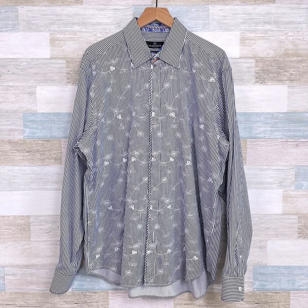 Bugatchi Uomo Floral Embroidered Shirt Blue White Striped Casual Cotton Mens XL